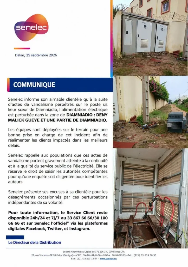 Senelec station in Keur Sœur: acts of vandalism disrupt the supply of electricity to Diamniadio